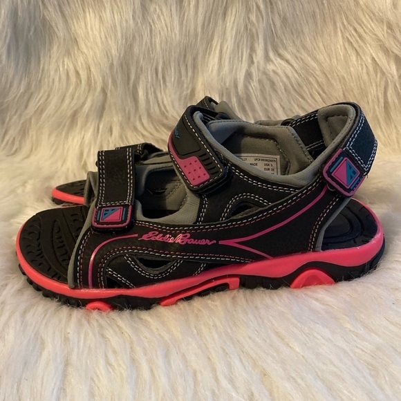 Eddie Bauer Shoes Girls Size 3 Black And‎ Pink Open Toe Sandals Adjustable - Picture 1 of 7